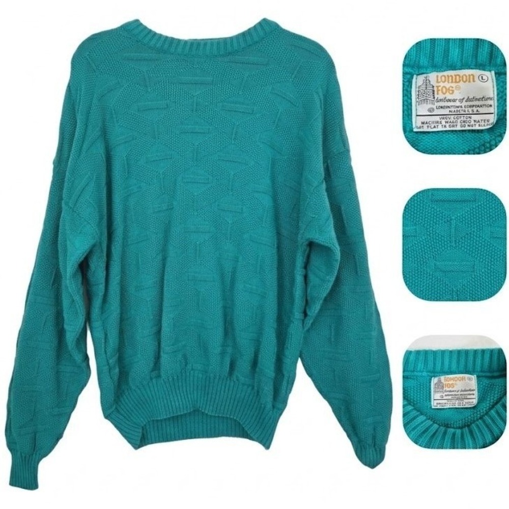 Vintage 80s London Fog Sweater Mens Large Teal Textured Knit USA Made Cotton‎